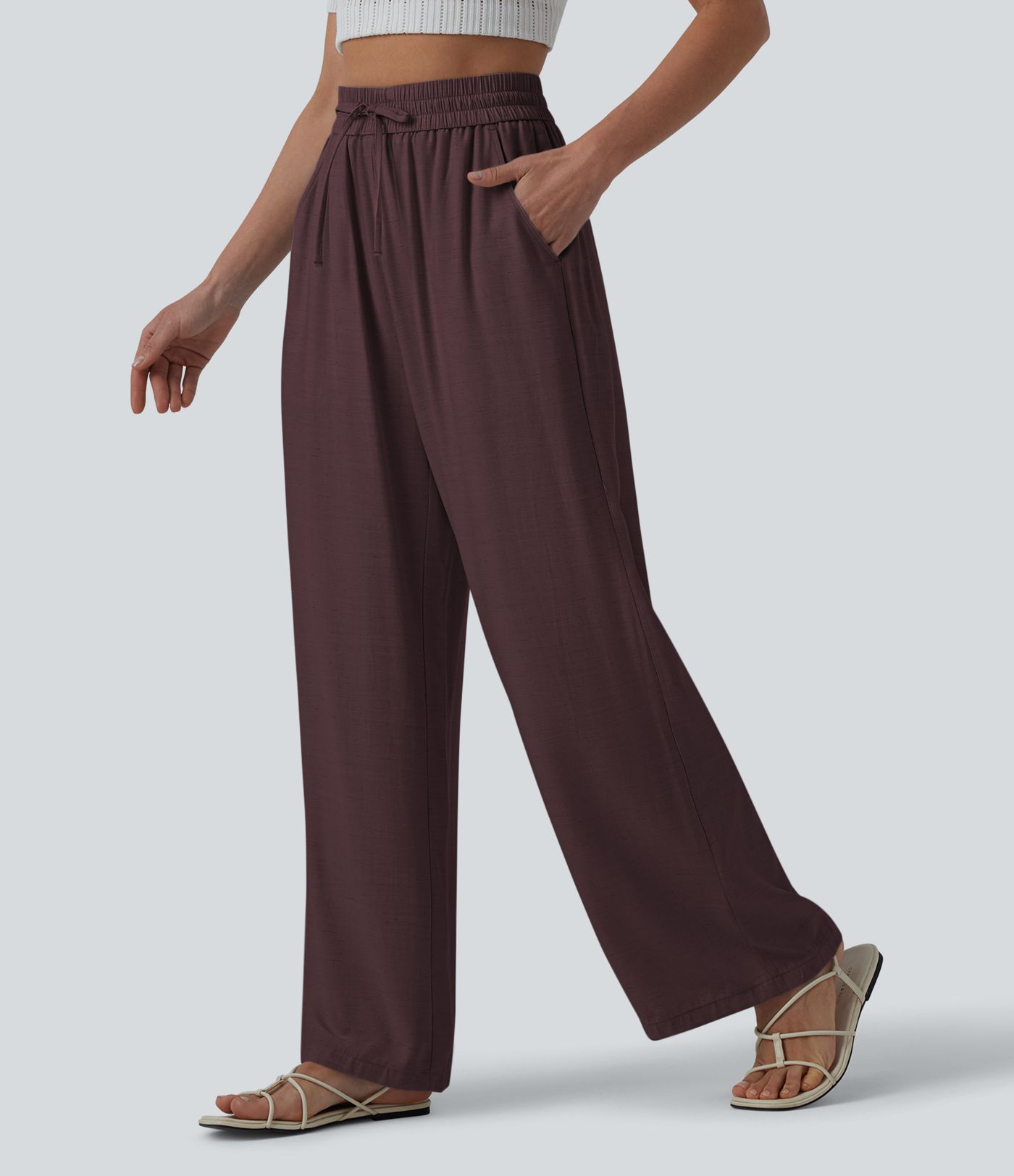 High Waisted Drawstring Wide Leg Casual Linen-Blend Trousers with Pockets