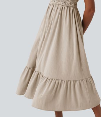 Lässiges, fließendes Midikleid in Leinenoptik mit Bindeband vorne Lässiges, fließendes Midikleid in Leinenoptik mit Bindeband vorne