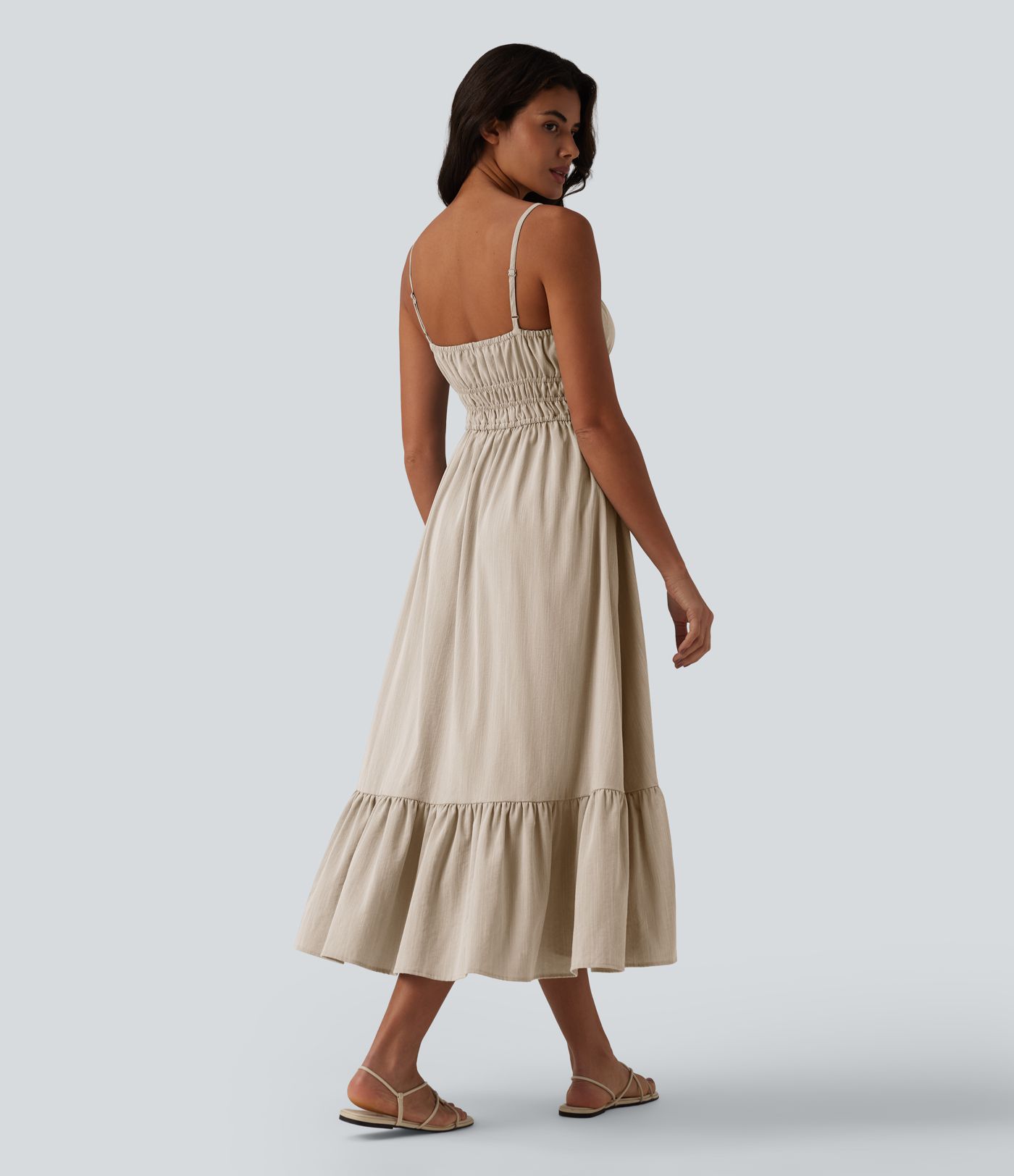 Lässiges, fließendes Midikleid in Leinenoptik mit Bindeband vorne Lässiges, fließendes Midikleid in Leinenoptik mit Bindeband vorne