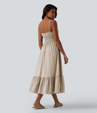 Lässiges, fließendes Midikleid in Leinenoptik mit Bindeband vorne Lässiges, fließendes Midikleid in Leinenoptik mit Bindeband vorne