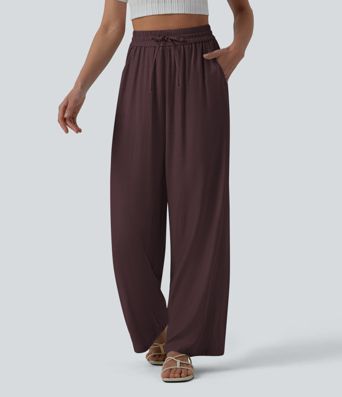High Waisted Drawstring Wide Leg Casual Linen-Blend Trousers with Pockets