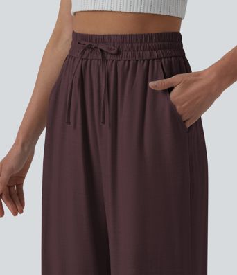 High Waisted Drawstring Wide Leg Casual Linen-Blend Trousers with Pockets