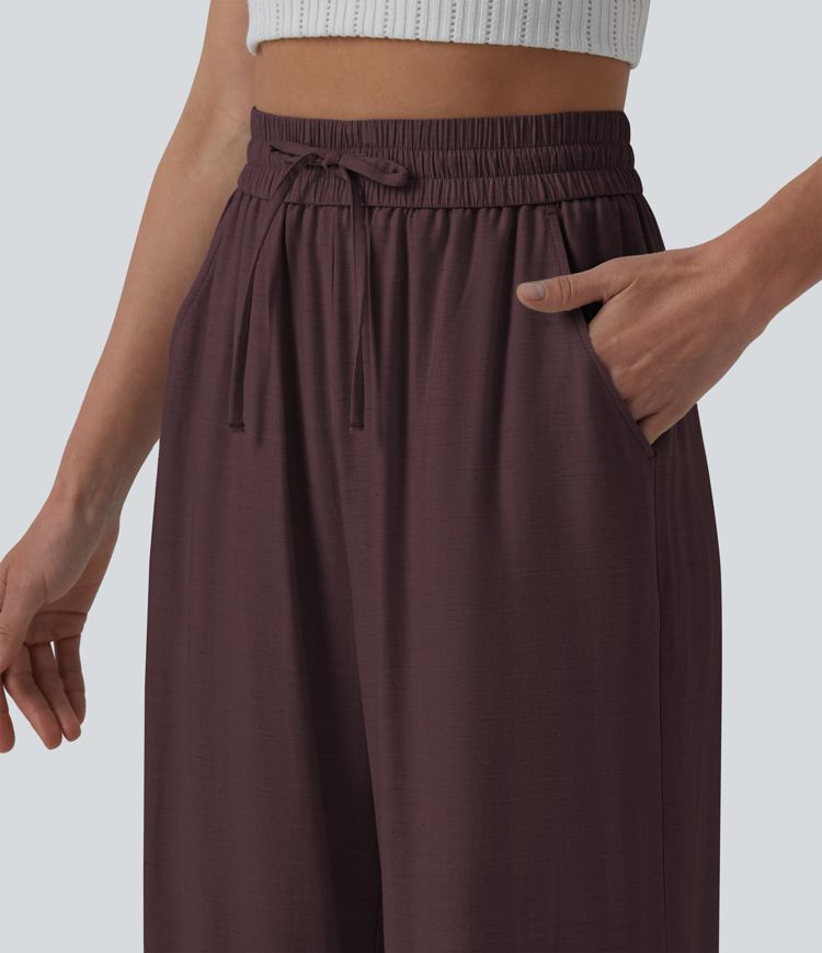 High Waisted Drawstring Wide Leg Casual Linen-Blend Trousers with Pockets