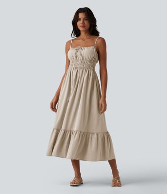Lässiges, fließendes Midikleid in Leinenoptik mit Bindeband vorne Lässiges, fließendes Midikleid in Leinenoptik mit Bindeband vorne