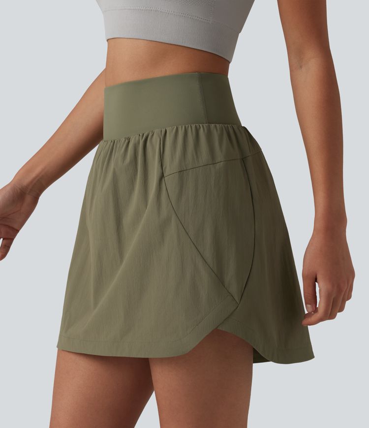 High Waisted Curved Hem 2-in-1 Mini Hiking Skirt with Pockets