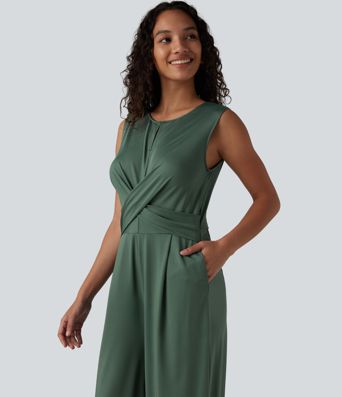 Round Neck Sleeveless Crossover Waist Work Straight-leg Jumpsuit with Pockets-Easy Peezy