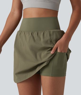 High Waisted Curved Hem 2-in-1 Mini Hiking Skirt with Pockets