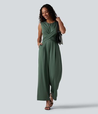 Round Neck Sleeveless Crossover Waist Work Straight-leg Jumpsuit with Pockets-Easy Peezy