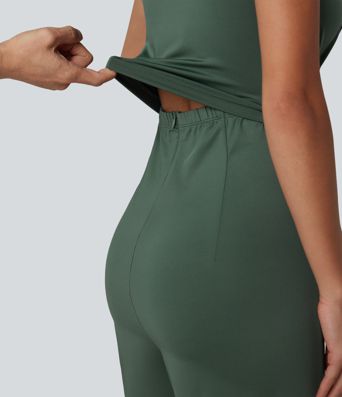 Round Neck Sleeveless Crossover Waist Work Straight-leg Jumpsuit with Pockets-Easy Peezy