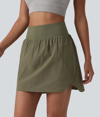 High Waisted Curved Hem 2-in-1 Mini Hiking Skirt with Pockets