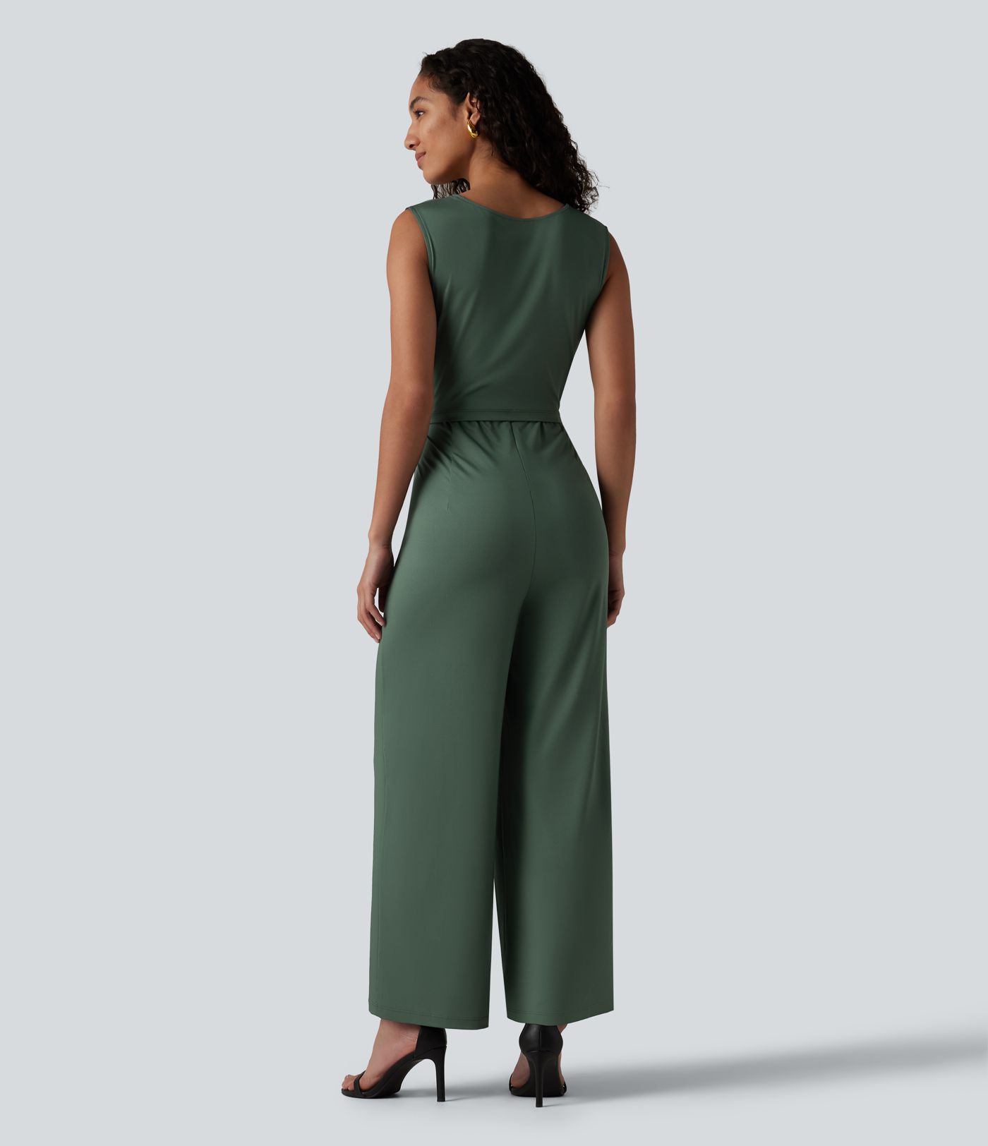 Round Neck Sleeveless Crossover Waist Work Straight-leg Jumpsuit with Pockets-Easy Peezy