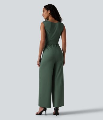 Round Neck Sleeveless Crossover Waist Work Straight-leg Jumpsuit with Pockets-Easy Peezy