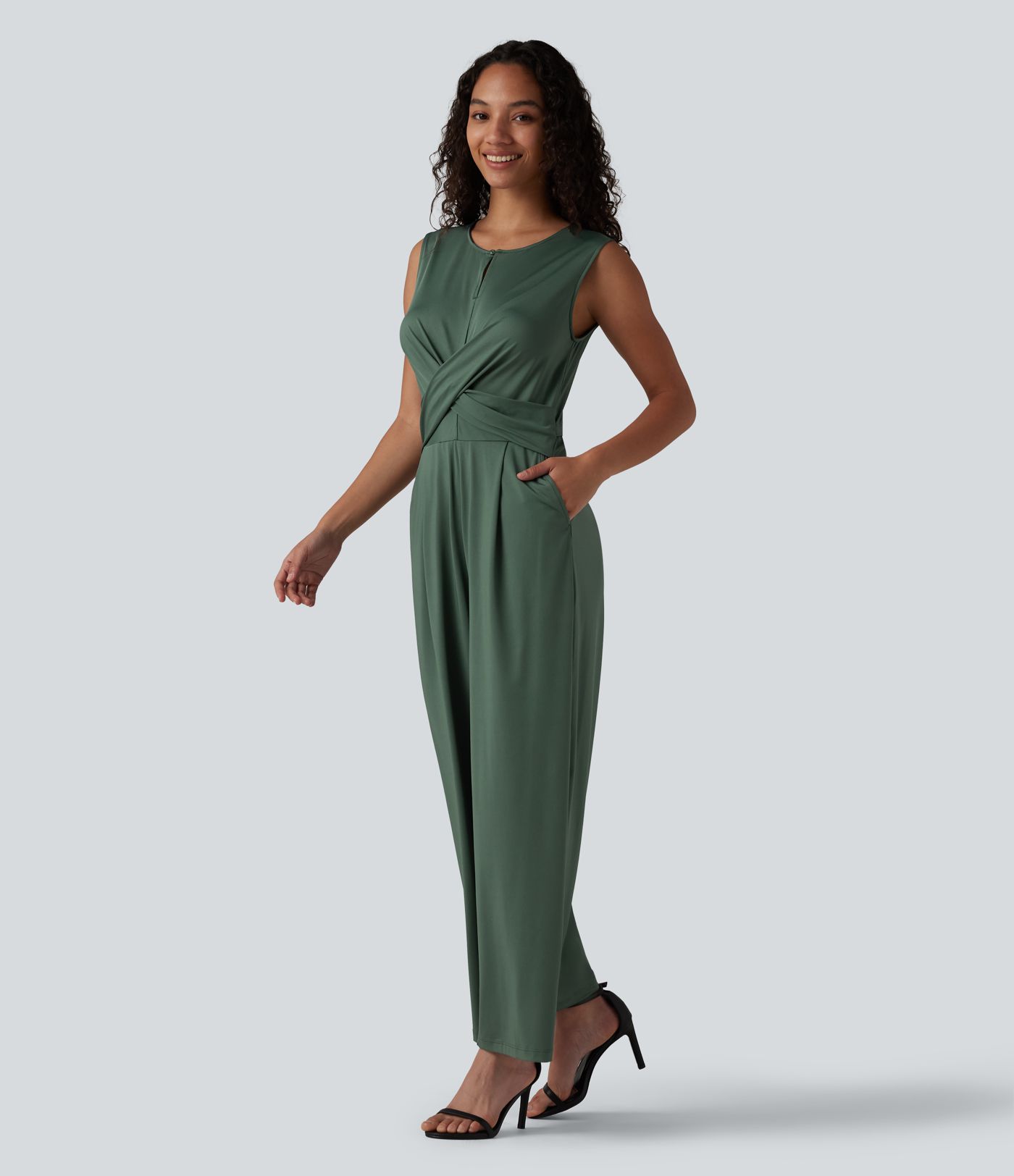Round Neck Sleeveless Crossover Waist Work Straight-leg Jumpsuit with Pockets-Easy Peezy
