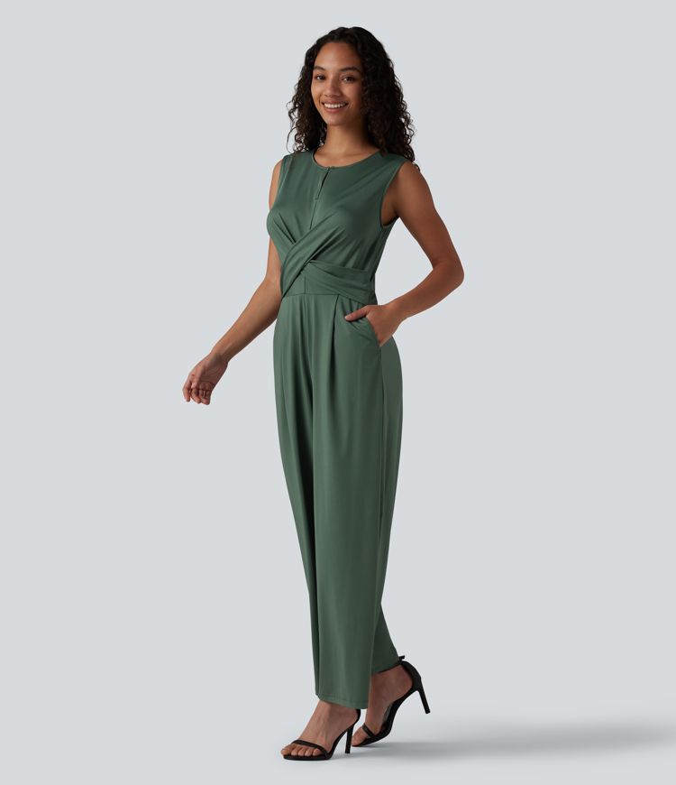 Round Neck Sleeveless Crossover Waist Work Straight-leg Jumpsuit with Pockets-Easy Peezy