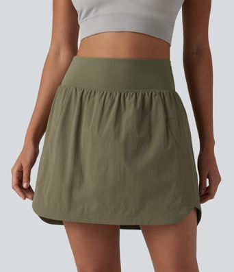 High Waisted Curved Hem 2-in-1 Mini Hiking Skirt with Pockets