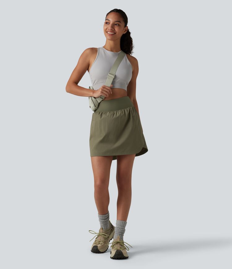 High Waisted Curved Hem 2-in-1 Mini Hiking Skirt with Pockets