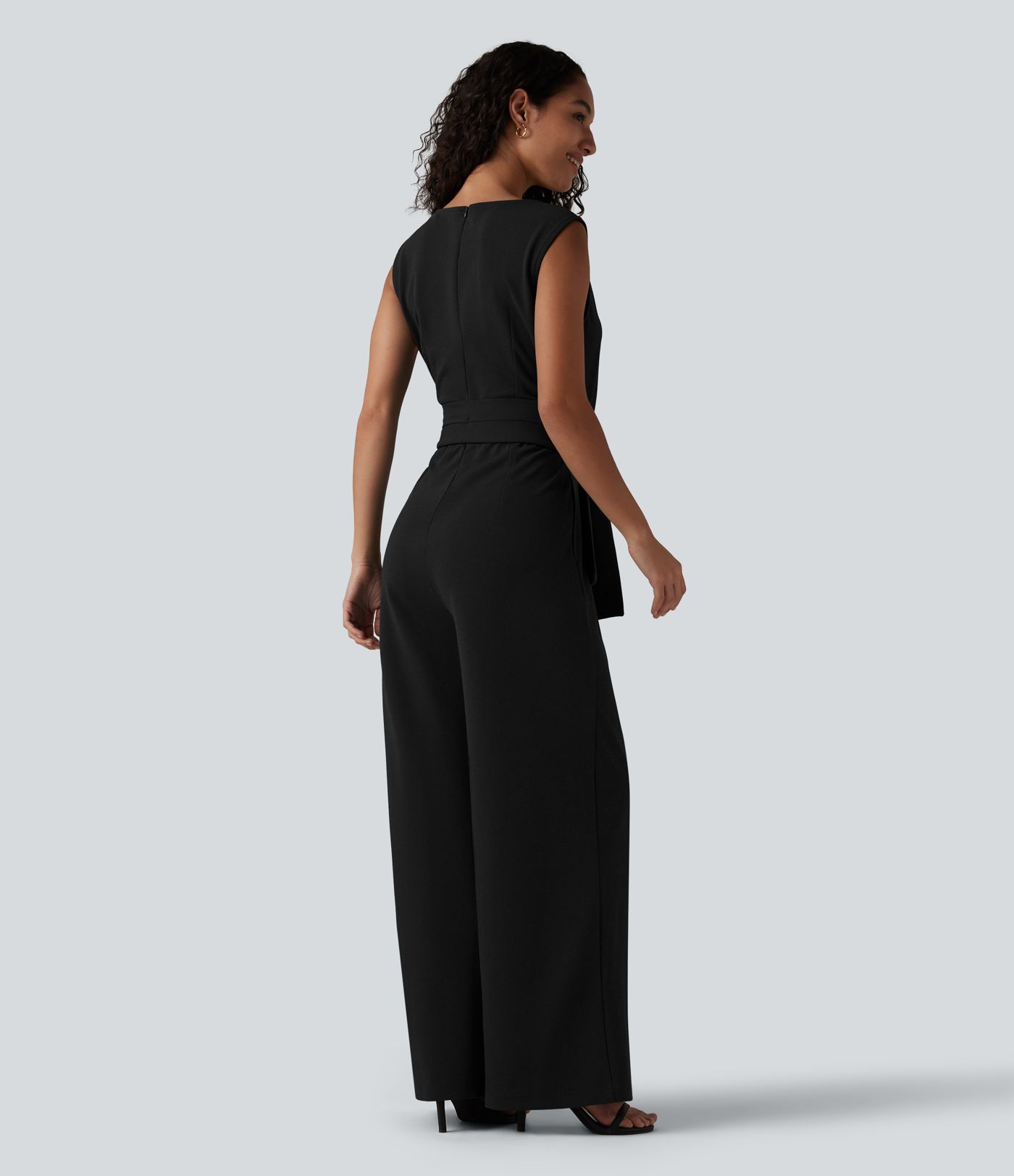 Wrinkle-resistant Boat Neck Sleeveless Tie-side Work Jumpsuit with Pockets-Easy Peezy Wrinkle-resistant Boat Neck Sleeveless Tie-side Work Jumpsuit with Pockets-Easy Peezy