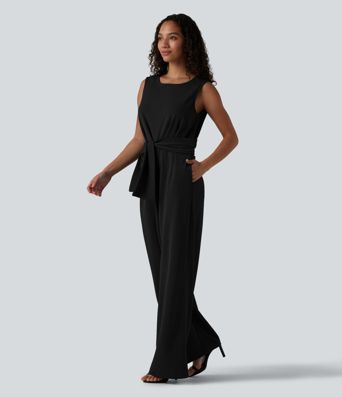 Wrinkle-resistant Boat Neck Sleeveless Tie-side Work Jumpsuit with Pockets-Easy Peezy Wrinkle-resistant Boat Neck Sleeveless Tie-side Work Jumpsuit with Pockets-Easy Peezy