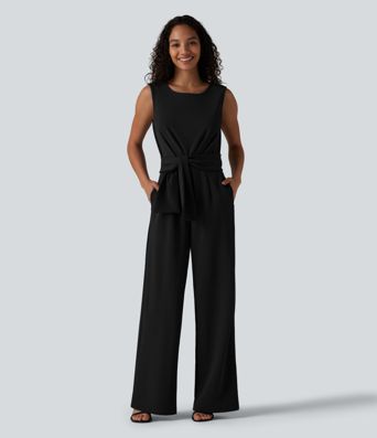Wrinkle-resistant Boat Neck Sleeveless Tie-side Work Jumpsuit with Pockets-Easy Peezy Wrinkle-resistant Boat Neck Sleeveless Tie-side Work Jumpsuit with Pockets-Easy Peezy