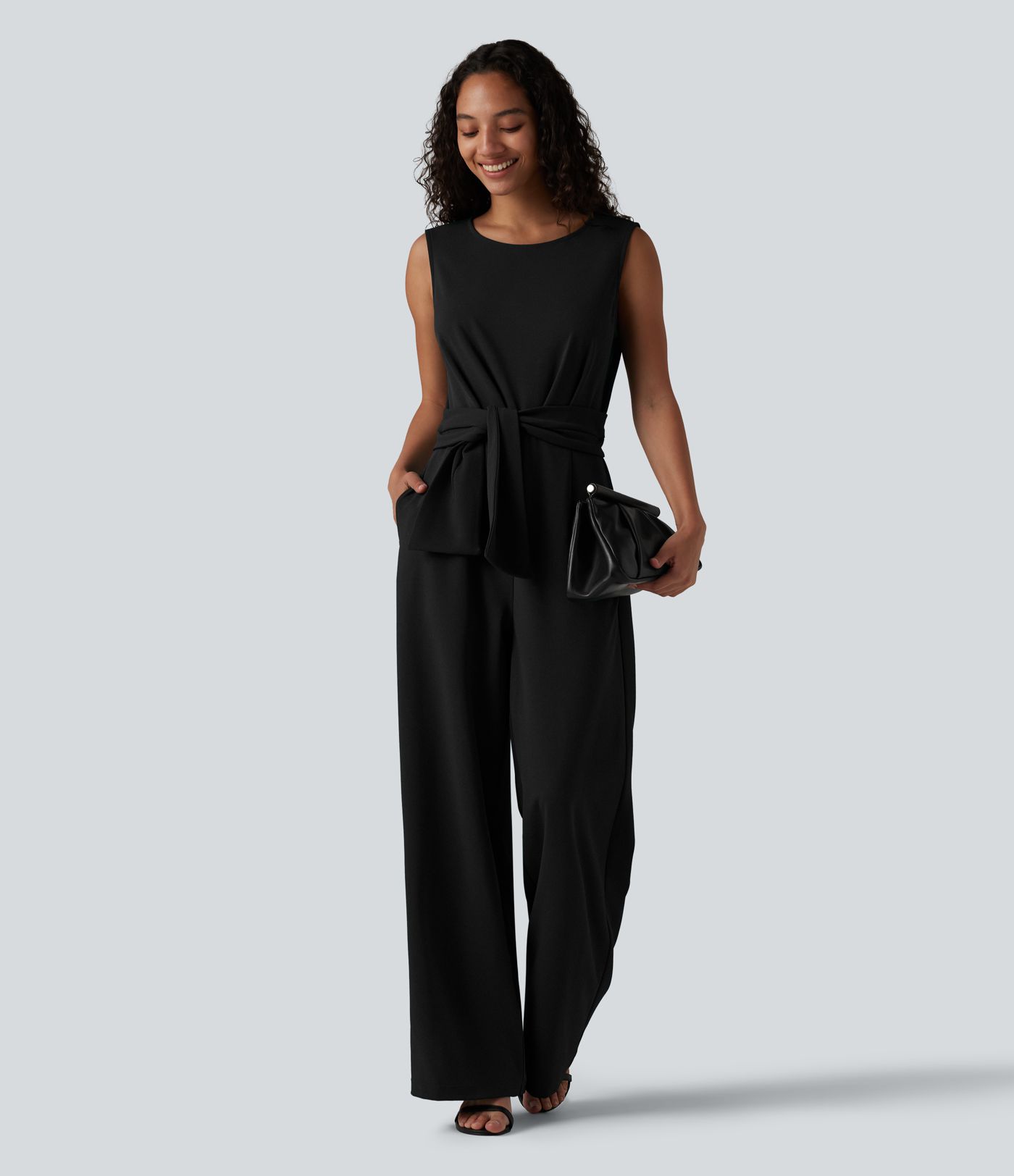 Wrinkle-resistant Boat Neck Sleeveless Tie-side Work Jumpsuit with Pockets-Easy Peezy Wrinkle-resistant Boat Neck Sleeveless Tie-side Work Jumpsuit with Pockets-Easy Peezy