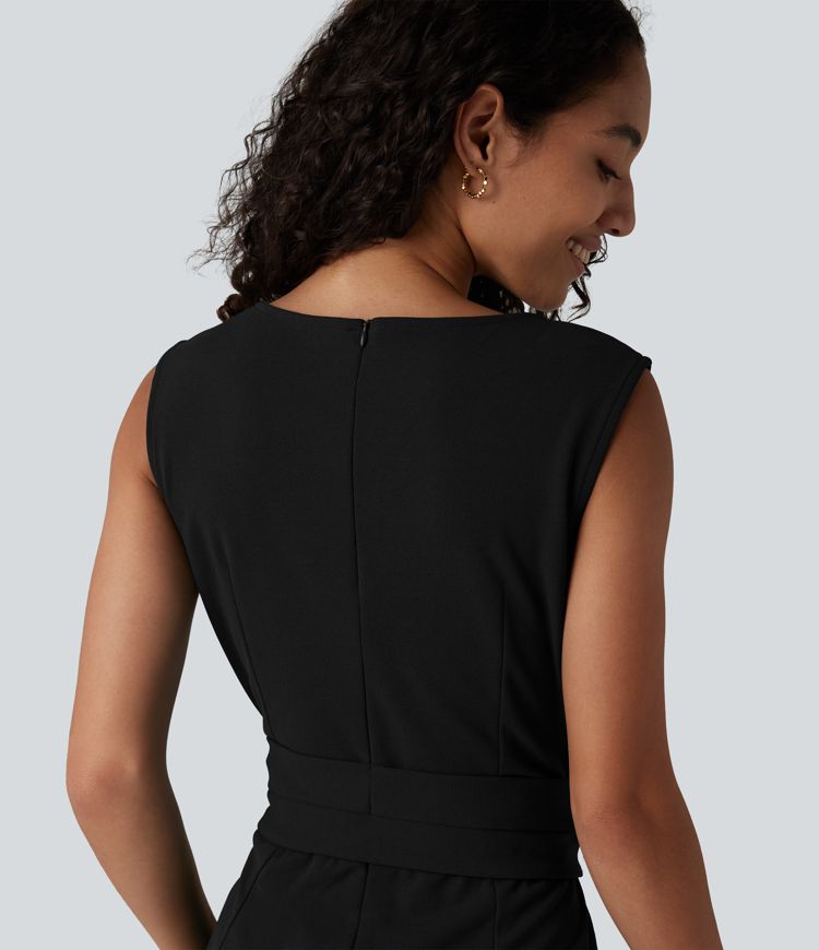 Wrinkle-resistant Boat Neck Sleeveless Tie-side Work Jumpsuit with Pockets-Easy Peezy Wrinkle-resistant Boat Neck Sleeveless Tie-side Work Jumpsuit with Pockets-Easy Peezy