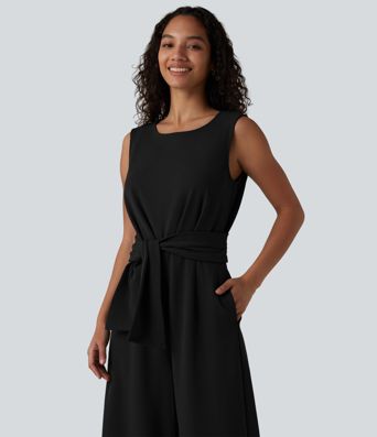 Wrinkle-resistant Boat Neck Sleeveless Tie-side Work Jumpsuit with Pockets-Easy Peezy Wrinkle-resistant Boat Neck Sleeveless Tie-side Work Jumpsuit with Pockets-Easy Peezy