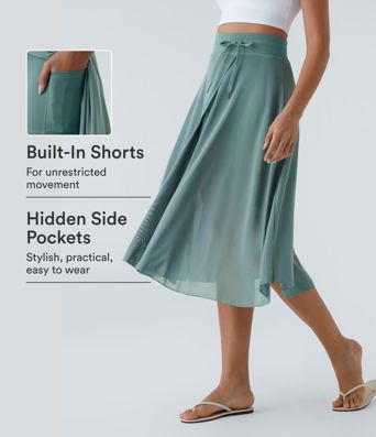 High Waisted Drawstring Contrast Mesh 2-in-1 Pocket Flowy Midi Flare Casual Skirt