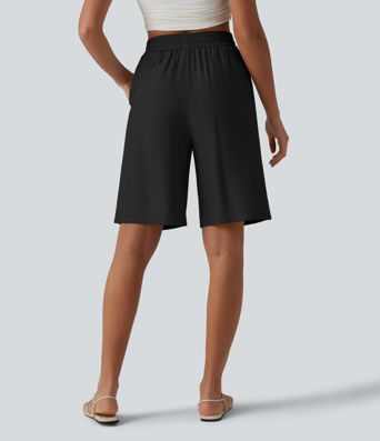 High Waisted Drawstring Casual Linen-Blend Shorts 10'' with Pockets