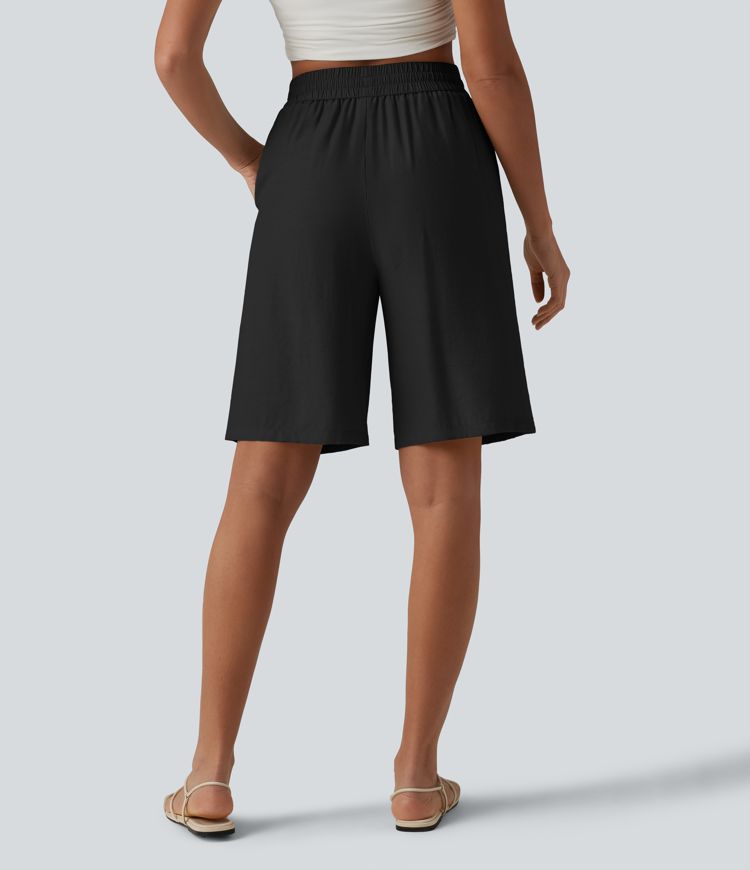 High Waisted Drawstring Casual Linen-Blend Shorts 10'' with Pockets