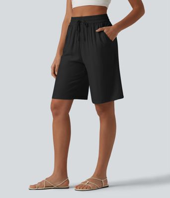 High Waisted Drawstring Casual Linen-Blend Shorts 10'' with Pockets