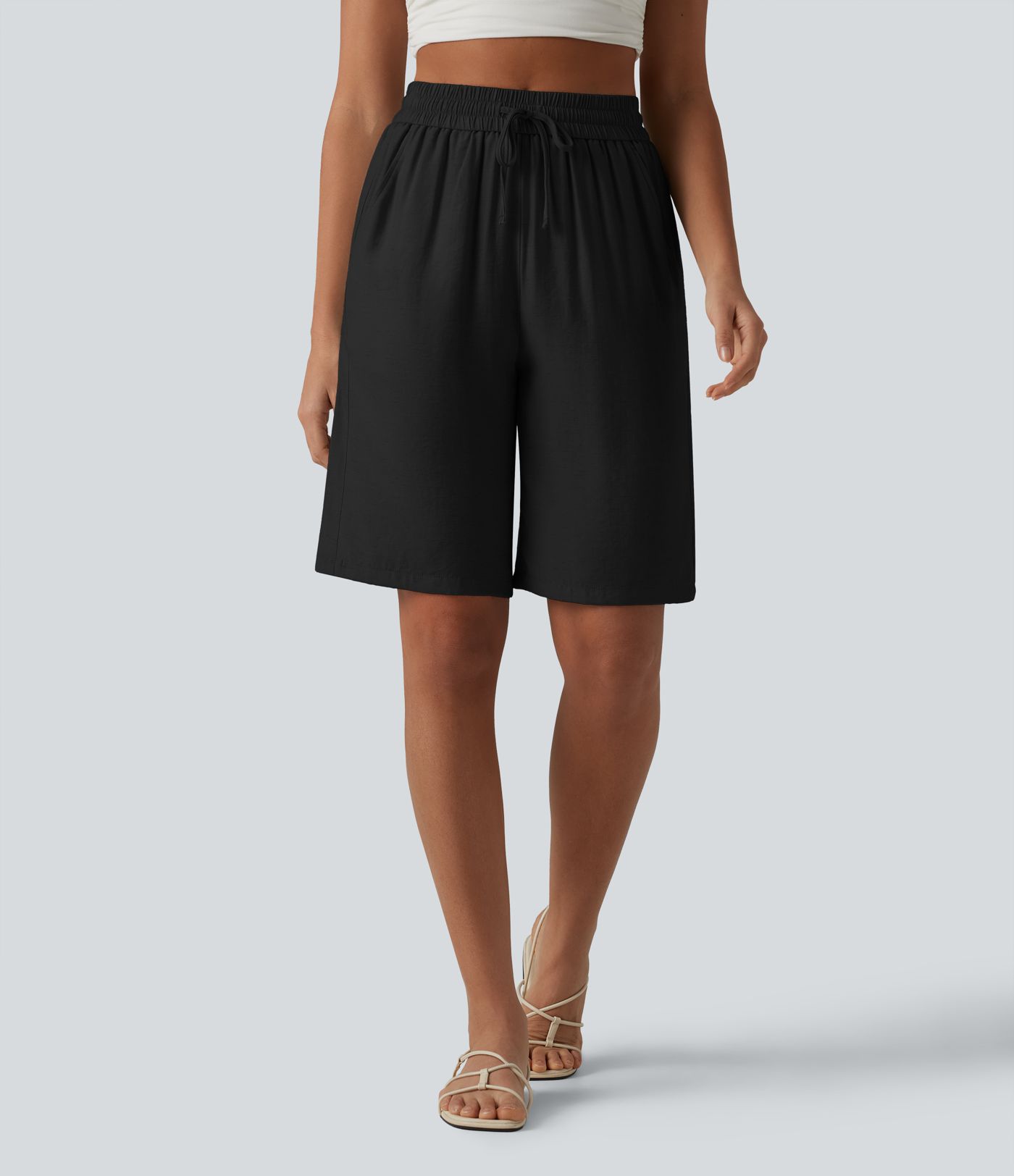 High Waisted Drawstring Casual Linen-Blend Shorts 10'' with Pockets