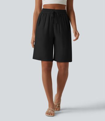 High Waisted Drawstring Casual Linen-Blend Shorts 10'' with Pockets