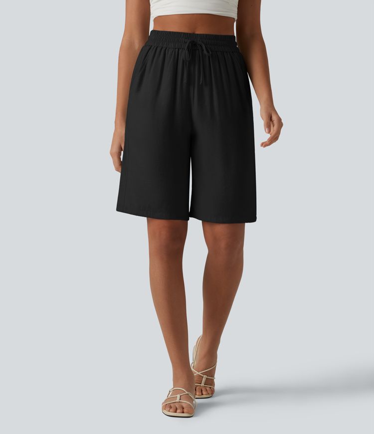 High Waisted Drawstring Casual Linen-Blend Shorts 10'' with Pockets