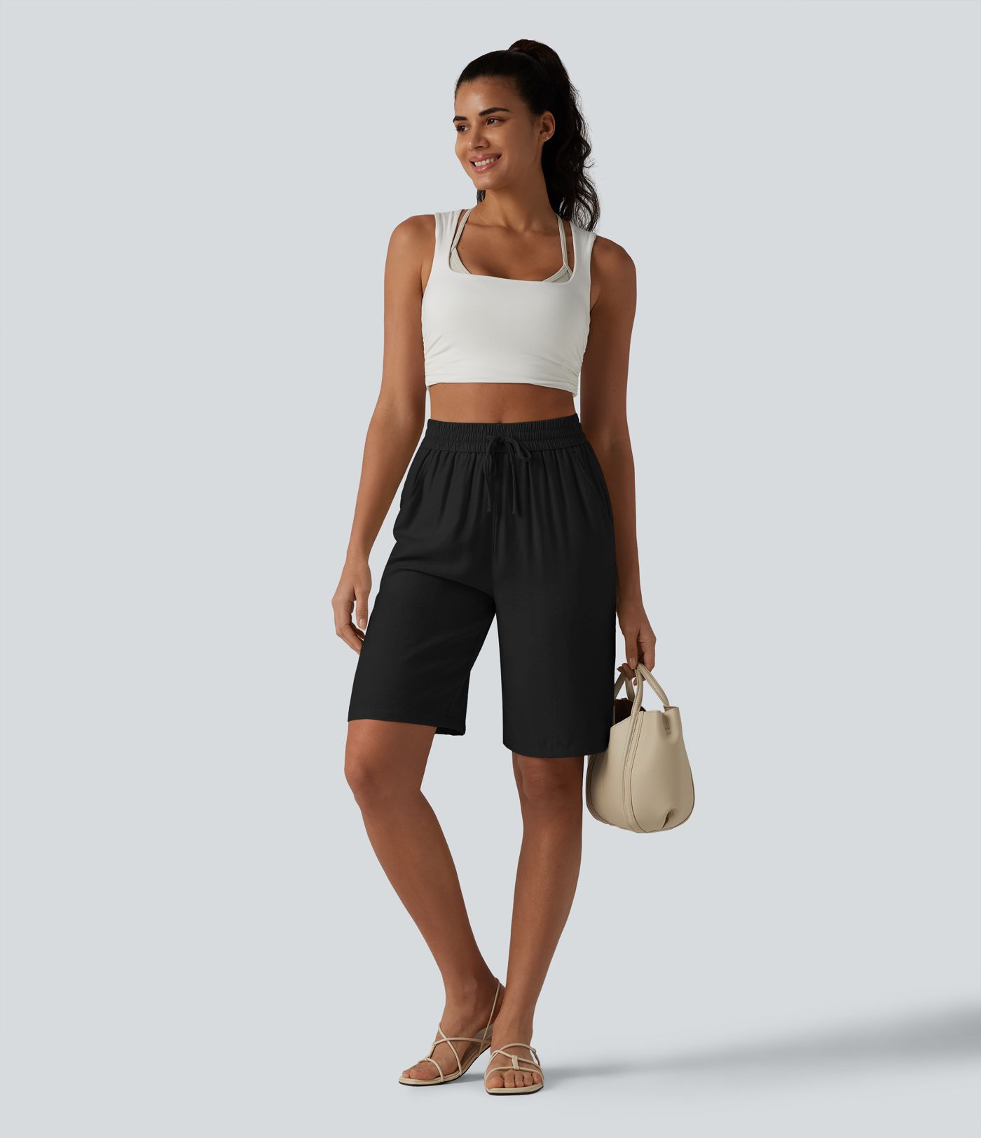High Waisted Drawstring Casual Linen-Blend Shorts 10'' with Pockets
