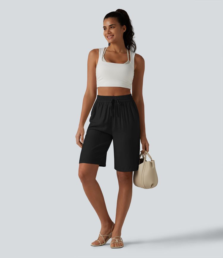 High Waisted Drawstring Casual Linen-Blend Shorts 10'' with Pockets