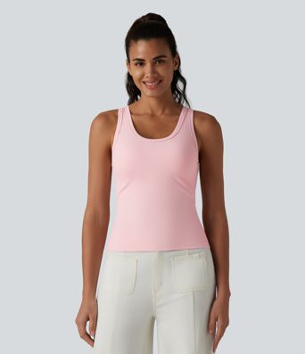 Ribbed Knit U Neck Built-in Bra Dance Tank Top B-E Cups