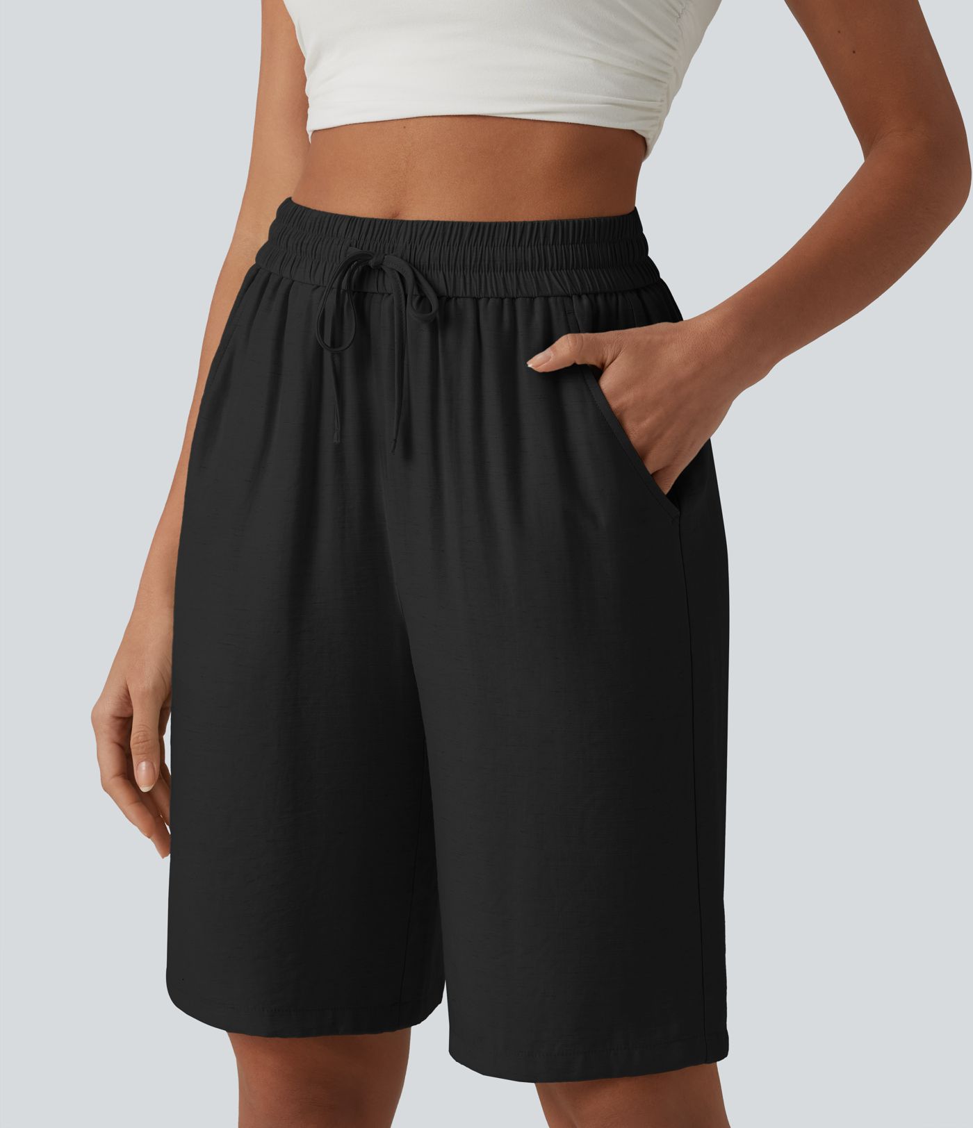High Waisted Drawstring Casual Linen-Blend Shorts 10'' with Pockets
