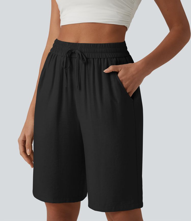 High Waisted Drawstring Casual Linen-Blend Shorts 10'' with Pockets