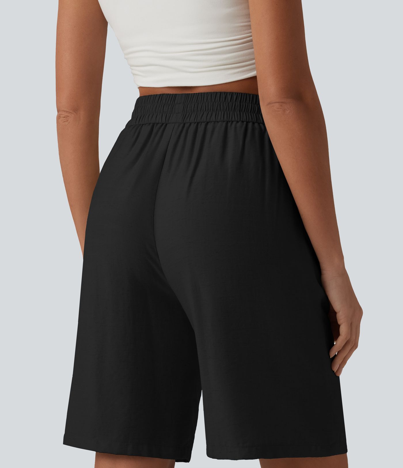 High Waisted Drawstring Casual Linen-Blend Shorts 10'' with Pockets