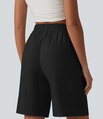 High Waisted Drawstring Casual Linen-Blend Shorts 10'' with Pockets