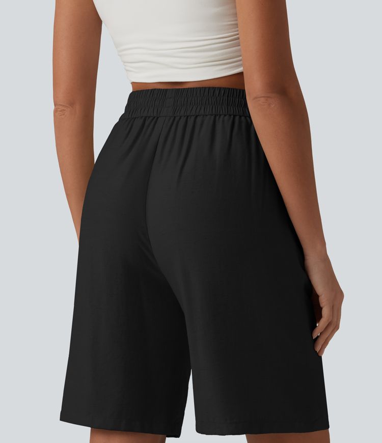 High Waisted Drawstring Casual Linen-Blend Shorts 10'' with Pockets