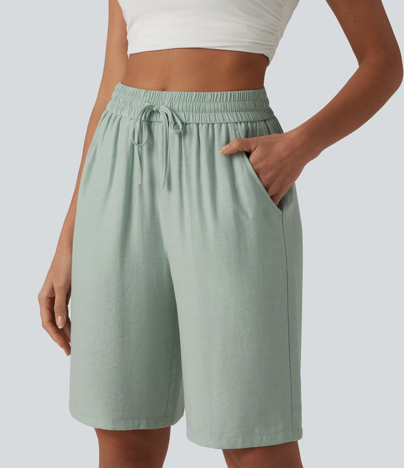 Lässige Shorts aus Leinenmischgewebe mit hohem Bund, Seitentaschen und Kordelzug - 25,4 cm