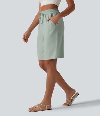 Lässige Shorts aus Leinenmischgewebe mit hohem Bund, Seitentaschen und Kordelzug - 25,4 cm