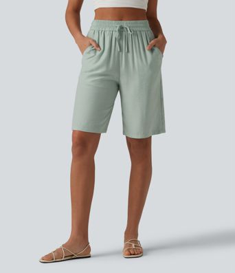 Lässige Shorts aus Leinenmischgewebe mit hohem Bund, Seitentaschen und Kordelzug - 25,4 cm