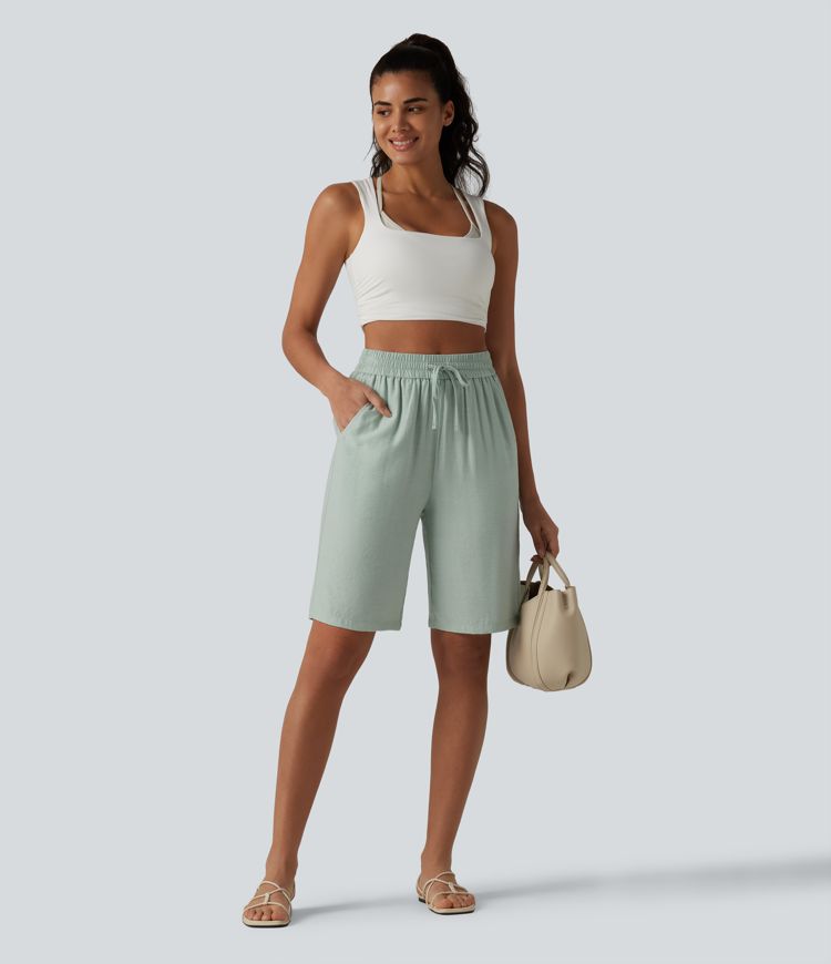 Lässige Shorts aus Leinenmischgewebe mit hohem Bund, Seitentaschen und Kordelzug - 25,4 cm