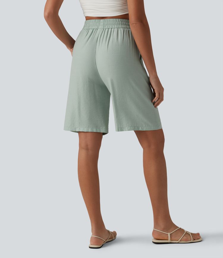 Lässige Shorts aus Leinenmischgewebe mit hohem Bund, Seitentaschen und Kordelzug - 25,4 cm