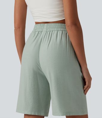 Lässige Shorts aus Leinenmischgewebe mit hohem Bund, Seitentaschen und Kordelzug - 25,4 cm