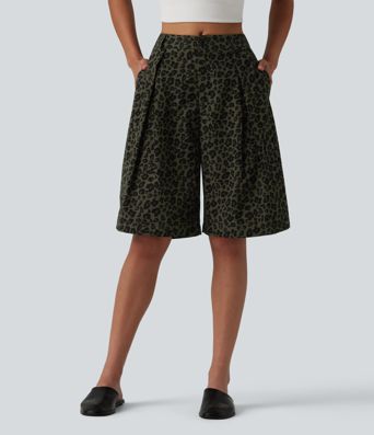 Lässige Shorts mit mittelhohem Bund, Seitentaschen und Leopardenmuster - 25,4 cm