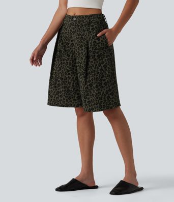 Lässige Shorts mit mittelhohem Bund, Seitentaschen und Leopardenmuster - 25,4 cm