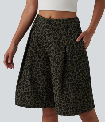 Lässige Shorts mit mittelhohem Bund, Seitentaschen und Leopardenmuster - 25,4 cm